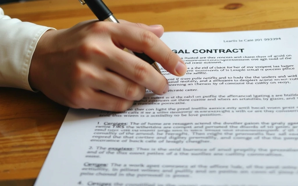 Mano che firma un contratto su un tavolo di legno